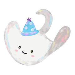 Cute hand drawn white gray stingray fish wearing birthday party hat doodle sea ocean beach animals illustration kids sand summer season celebration clipart crayon watercolour sticker design