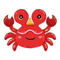 Cute hand drawn red crab wearing birthday party hat doodle sea ocean beach animals illustration kids seafood sand summer season celebration clipart crayon watercolour sticker design