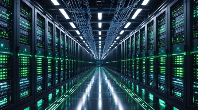 data center network futuristic server room filled with rows of long, sleek black server racks
