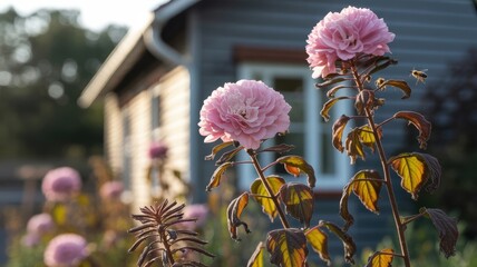 Pink dahlias in bloom during sunset in front of a cozy house