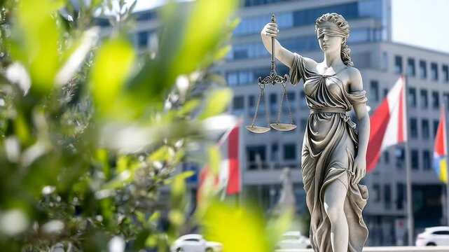 Lady justice statue holding scales in a city jurisprudence and legal theme