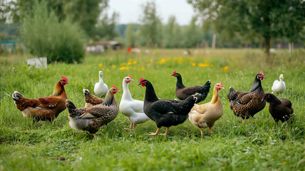 A freerange poultry pasture with chickens ducks and geese mingling
