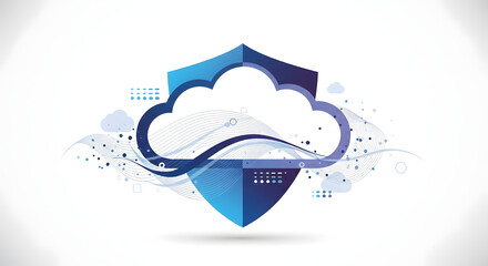 Modern vector illustration representing data security or cloud computing. Abstract shapes forming a shield or cloud, integrated with flowing lines and dots symbolizing data. 