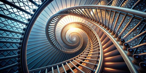 Obraz premium Ascending a Spiraling Metal Staircase Towards a Radiant Light Source