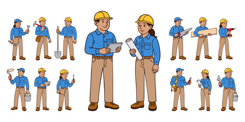 Hand-drawn set of male and female construction workers with helmets and tools. Workers in different poses with various equipment. Clean line art vector illustration isolated on white background