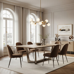 Fototapeta premium Bright dining room with arched windows, sheer curtains, and a modern table surrounded by six brown chairs. An abstract light fixture hangs above.