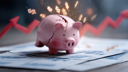 A broken piggy bank symbolizes financial losses with dollar signs and declining graphs in the backdrop.