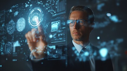 A businessman interacts with a futuristic digital display, showcasing advanced technology and data visualization.