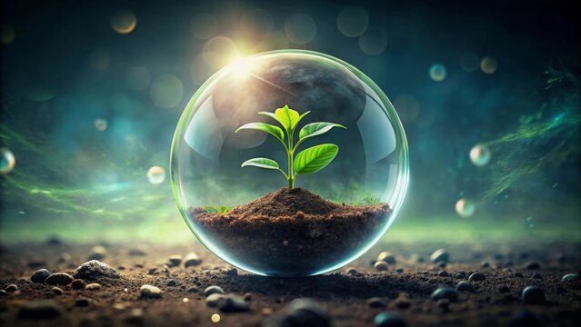 A delicate seedling nurtured within a protective sphere, symbolizing environmental preservation and the fragility of life