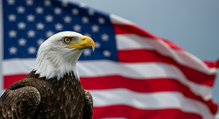 Majestic Bald Eagle with American Flag Background
