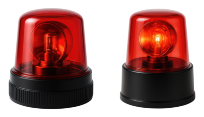 Visual Representation of Emergency Warning Lights Featuring Red Rotating Beacons with Different Heights, Isolated on Transparent and White Background