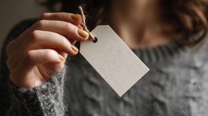 A close-up of a person holding a blank price tag, symbolizing shopping, pricing, or personalized gifts.