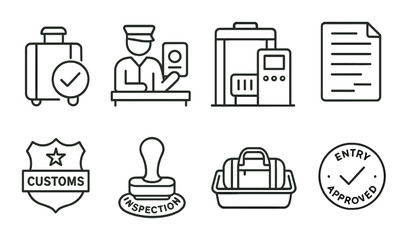Customs check icon set in linear style. border control and inspection symbols
