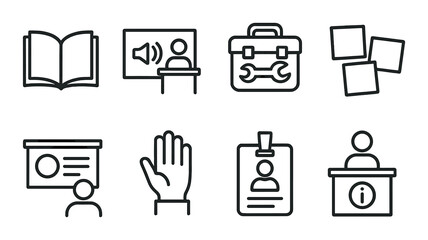 Workshop and presentation outline icons set – simple training and seminar symbols