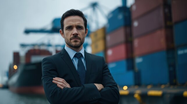 A confident businessman stands at a shipping port, surrounded by colorful containers, embodying modern logistics. - Powered by Adobe