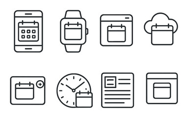 Digital date interfaces icons set – outline, calendar, event scheduling graphics