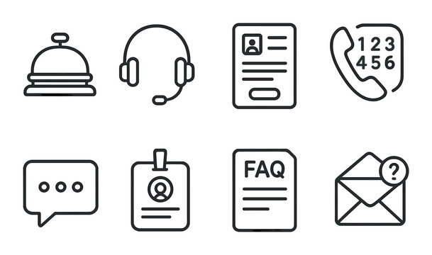 Customer service outline icons set – assistance, support, and communication symbols