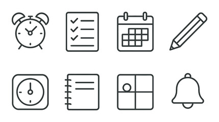 Daily schedule outline icons set – silhouette, time management and planner symbols