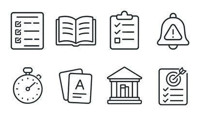 Study planner linear icons set – outline, educational and organization symbols