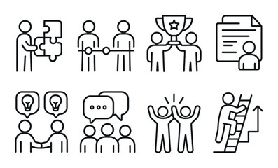 Collaborative team linear icons set – outline, teamwork, cooperation symbols