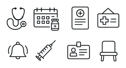 Medical appointment icons set – outline, healthcare and schedule symbols