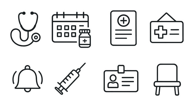 Medical appointment icons set – outline, healthcare and schedule symbols