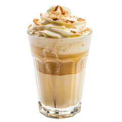 Creamy coffee drink topped with whipped cream and sprinkle of cinnamon, served in clear glass. This delightful beverage is perfect for coffee lovers seeking sweet treat