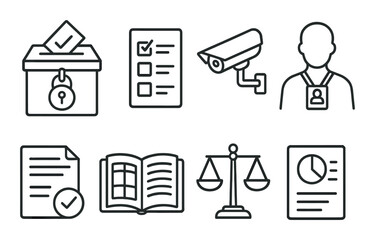 Fair elections outline icons set – voting, democracy and transparency symbols