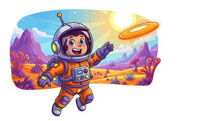 Astronaut boy playing in vibrant alien landscape
