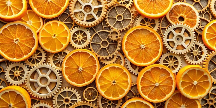 A vibrant composition of citrus fruit slices and intricate clockwork gears, showcasing a synergy of nature and mechanics.