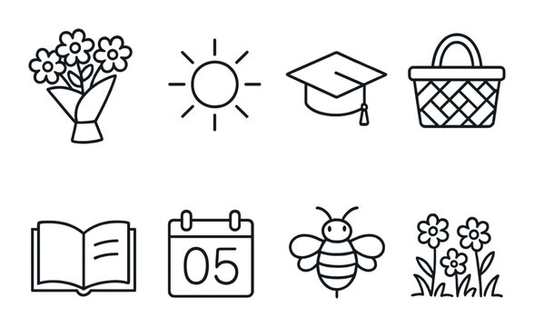 May month outline icons set – silhouette, seasonal and springtime celebration symbols