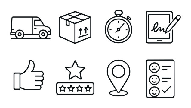 Delivery and logistics linear icons set – outline, shipping and courier service symbols