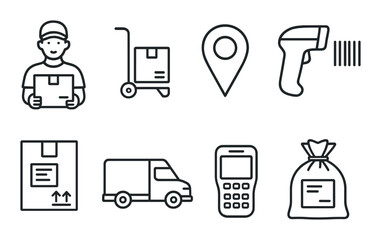 Delivery and logistics outline icons set – shipment, transportation and courier symbols