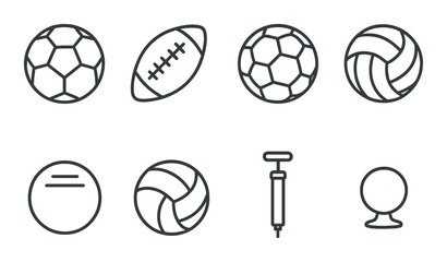 Ball sports outline icons set – silhouette, game and athletics symbol collection