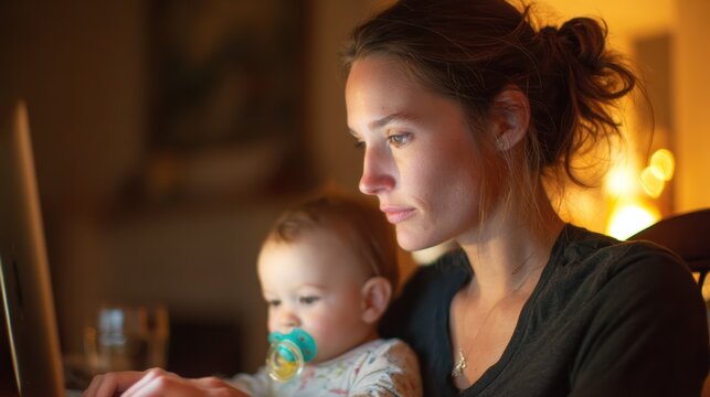 A mother works on a laptop at night while holding her baby, showcasing the multitasking challenges of parenthood.