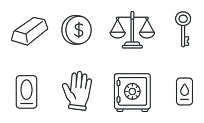 Precious metal line icons set – wealth, currency, and financial symbols for design