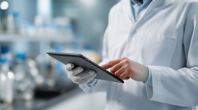 A scientist in a lab coat using a tablet computer to analyze data in a modern laboratory environment.