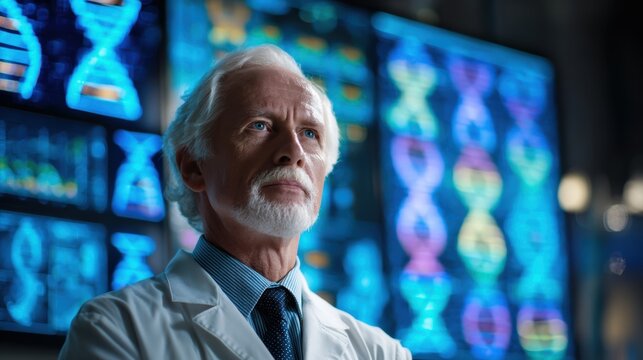 A thoughtful scientist analyzes DNA data in a modern laboratory filled with digital displays and advanced technology.