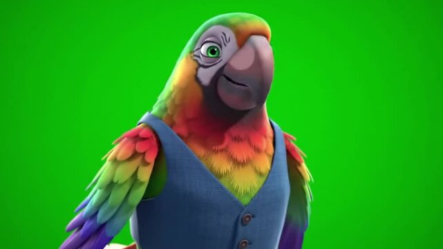 A vibrant 3D parrot character with expressive gestures, set against a green screen. Suitable for educational, animal-themed, or tropical animation projects.
