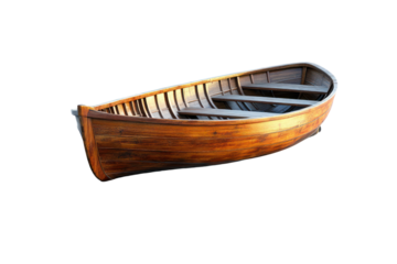 Traditional wooden rowboat with a curved hull and spacious interior isolated on a white background for boating, fishing, and water adventure activities