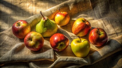 A sunlit still life featuring a vibrant assortment of ripe apples and a juicy pear, artfully arranged on a textured fabric surface