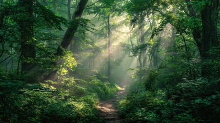 Obraz premium Enchanting forest scene bathed in sunlight, showcasing lush greenery and a serene path through nature's beauty.