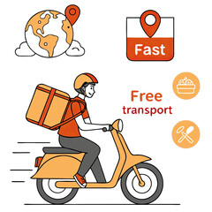 A delivery boy in an orange uniform rides a scooter through a vibrant urban setting ensuring fast transport service for packages during the day