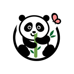 Cute cartoon panda is nestled comfortably munching on bamboo while a butterfly flutters above in a joyful atmosphere of nature and innocence