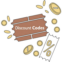Colorful display of discount codes alongside gold coins illustrates the idea of saving money while shopping online capturing the essence of smart deals today