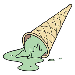A whimsical scene shows a tipped over ice cream cone with green ice cream melting onto the surface capturing the essence of a sweet treat gone wrong
