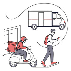 Illustration showcases a food delivery service concept with a delivery truck and a scooter rider navigating while using a phone for orders
