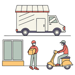 Delivery process depicted with a food service truck a delivery service rider on a scooter and a customer receiving a package