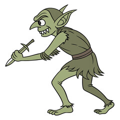 Detailed goblin figure equipped with a sword poised in a dynamic stance highlighting unique features and artistic style against a plain backdrop