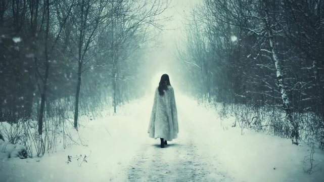 Enigmatic woman ventures through snowy forest trail in winter wonderland